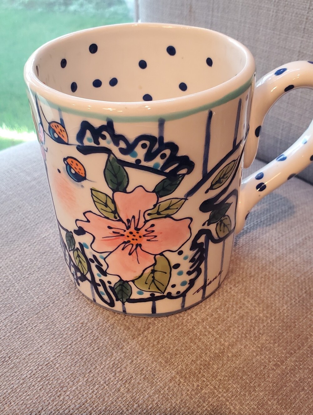 Diane Artware "Come Dream with Me" Kissy Fish mug, Pink flower, 2001